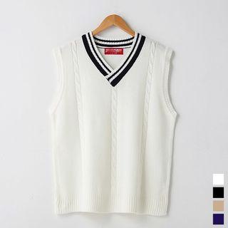 Contrast V-neck Cable-knit Vest