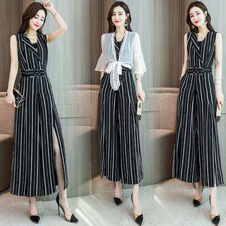 Set: Lace Trim Lace-up Jacket + Sleeveless Wide-leg Jumpsuit