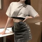 Pocket Detail Short-sleeve T-shirt / Lettering Cropped Tank Top / Denim Mini Pencil Skirt