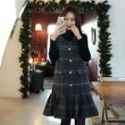 Set: Mock-neck Knit Top + Sleeveless Ruffle-hem Plaid Dress Black - One Size
