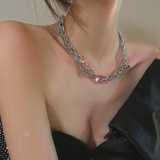 Chained Necklace Pink Gemstone - Silver - One Size