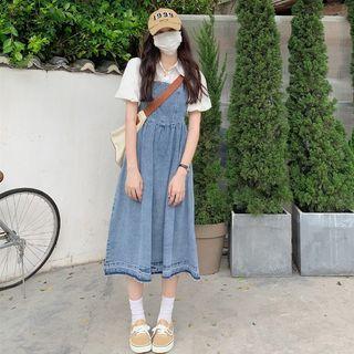 Mock Two-piece Short-sleeve Collar Denim Midi A-line Dress