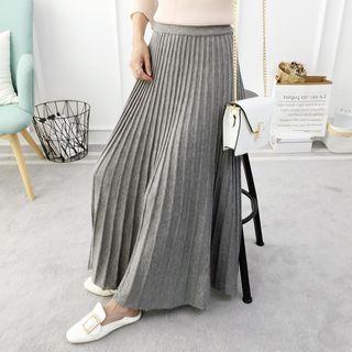 Plain Striped Elastic-waist Pleated Skirt