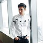 Long-sleeved Bird Print Slim Blouse