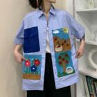 Short-sleeve Cartoon Embroidered Panel Shirt