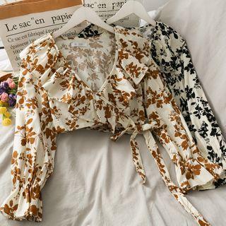 Tie-waist Ruffled-trim Printed Crop Top