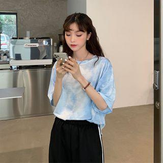 Elbow-sleeve Tie Dye T-shirt Light Blue - One Size