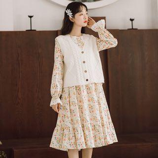 Flared-cuff Floral Print A-line Dress / Buttoned Knit Vest / Set