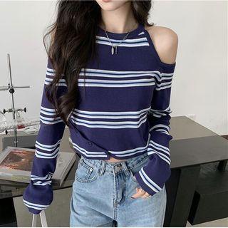 Long-sleeve Striped Cold-shoulder T-shirt Blue - One Size