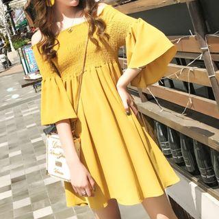 Shirred Off-shoulder Bell-sleeve A-line Dress