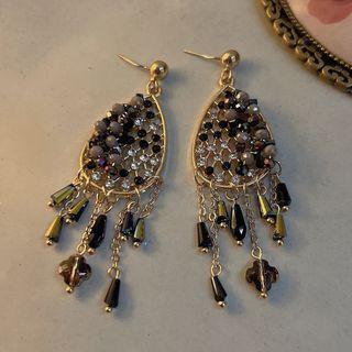 Faux Pearl Rhinestone Fringed Earring 1 Pair - Black & Gold - One Size