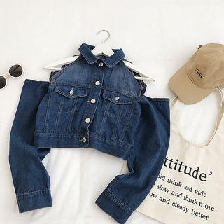 Cutout Long-sleeve Cropped Denim Jacket Blue - One Size