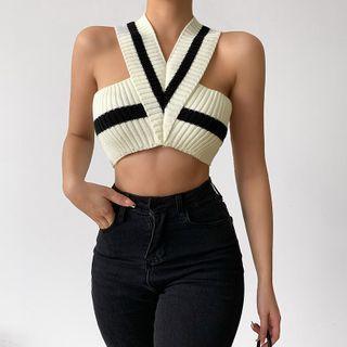 Striped Knit Cropped Halter Top Stripes - White - One Size