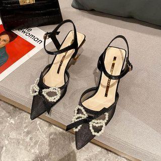 Faux Pearl Ribbon Ankle-strap High-heel Sandals