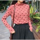 Cowl-neck Long Sleeve Dotted Print Top