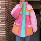 Color Block Padded Zip Jacket Orange & Pink & Blue - One Size