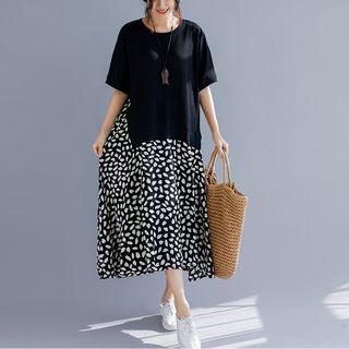 Elbow-sleeve Floral Panel Midi Dress Black - One Size