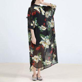Print Stand-collar Semi Sleeve Dress Black - F