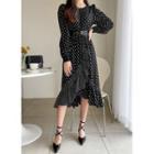 Puff-sleeve Frilled Long Dotted Dress Black - One Size
