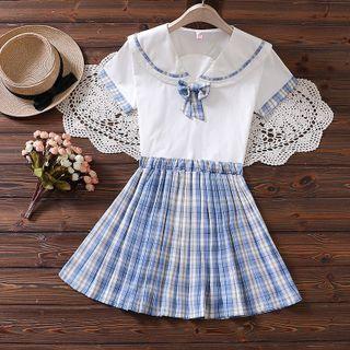 Set: Short-sleeve Sailor Collar Plaid Panel T-shirt + Mini A-line Skirt