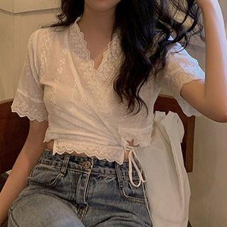 Cross V-neck Short-sleeve Top White - One Size