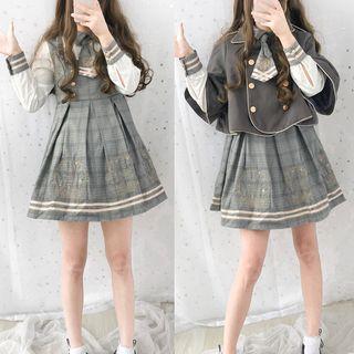 Plaid Long-sleeve A-line Dress / Double-breasted Cape / Set
