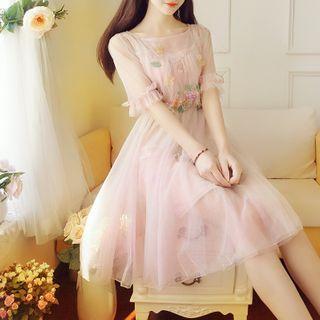 Flower-accent Short-sleeve Mesh Midi A-line Dress