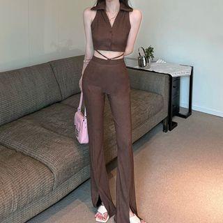 Set: Button-up Lapel Tank Top + High-waist Lace-up Slit Pants