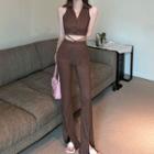 Set: Button-up Lapel Tank Top + High-waist Lace-up Slit Pants