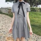 Plaid Short-sleeve Tie-neck A-line Dress
