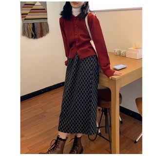 Plaid Midi A-line Skirt Check - Dark Gray - One Size