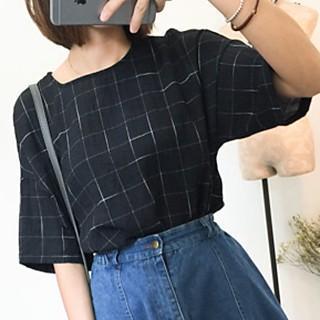 Elbow-sleeve Check Blouse