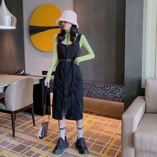Mock-turtleneck Lettering Long-sleeve T-shirt / Buckled Corduroy Midi Jumper Dress