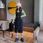 Mock-turtleneck Lettering Long-sleeve T-shirt / Buckled Corduroy Midi Jumper Dress