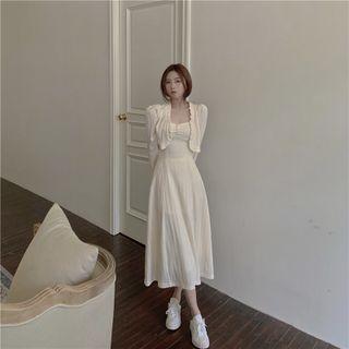 Spaghetti-strap Midi A-line Dress / Ruffled Open-front Jacket