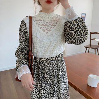 Semi High-neck Lace Panel Floral Print Dress