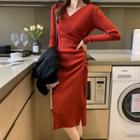 Long Sleeve V-neck Slit Drawstring Knit Dress
