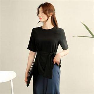 Tall Size Roundneck Short-sleeve Tie-waist Top