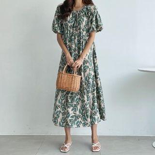 Balloon-sleeve Leaf-pattern Long Dress