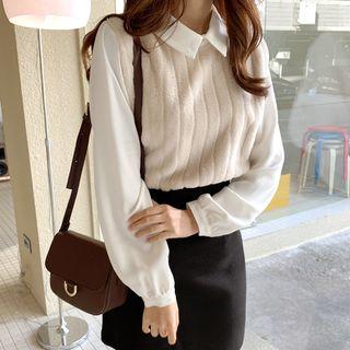 Faux-fur Panel Blouse Beige - One Size