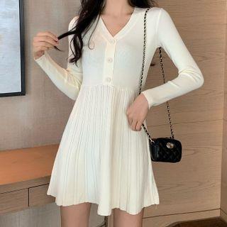 V-neck Long-sleeve Accordion Pleat Knit Dress