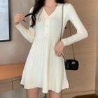 V-neck Long-sleeve Accordion Pleat Knit Dress