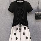 Set : Short-sleeve T-shirt + Dotted Midi A-line Skirt