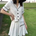 Short-sleeve Contrast Trim Shirt / A-line Skirt