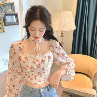 Floral Cutout Long-sleeve Cropped Top As Figure - One Size