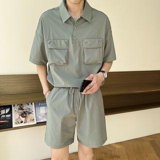 Set: Short-sleeve Henley Pocket Detail Shirt + Shorts