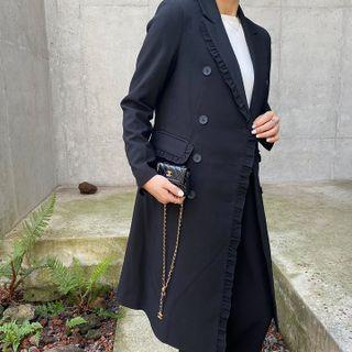 Double-breasted Frilled-detail Long Jacket Black - One Size