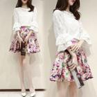 Set: Elbow-sleeve Lace Panel Blouse + Floral Skirt