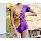 Two Tone Short-sleeve Twisted Swimsuit