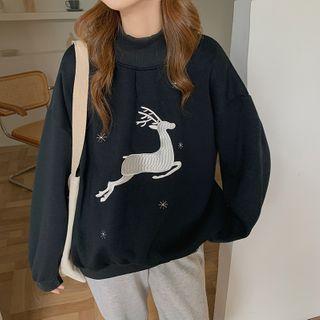 Mock-neck Reindeer Embroidered Sweatshirt
